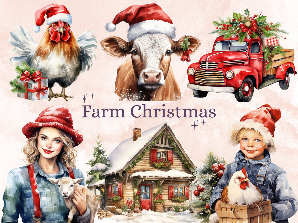 45 PNG Watercolour Farm Christmas Clipart, Christmas Cottage Farm Life Illustrations Clip art, Winter Holiday png, Xmas Noel Barn Ornaments