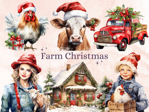 45 PNG Watercolour Farm Christmas Clipart, Christmas Cottage Farm Life Illustrations Clip art, Winter Holiday png, Xmas Noel Barn Ornaments