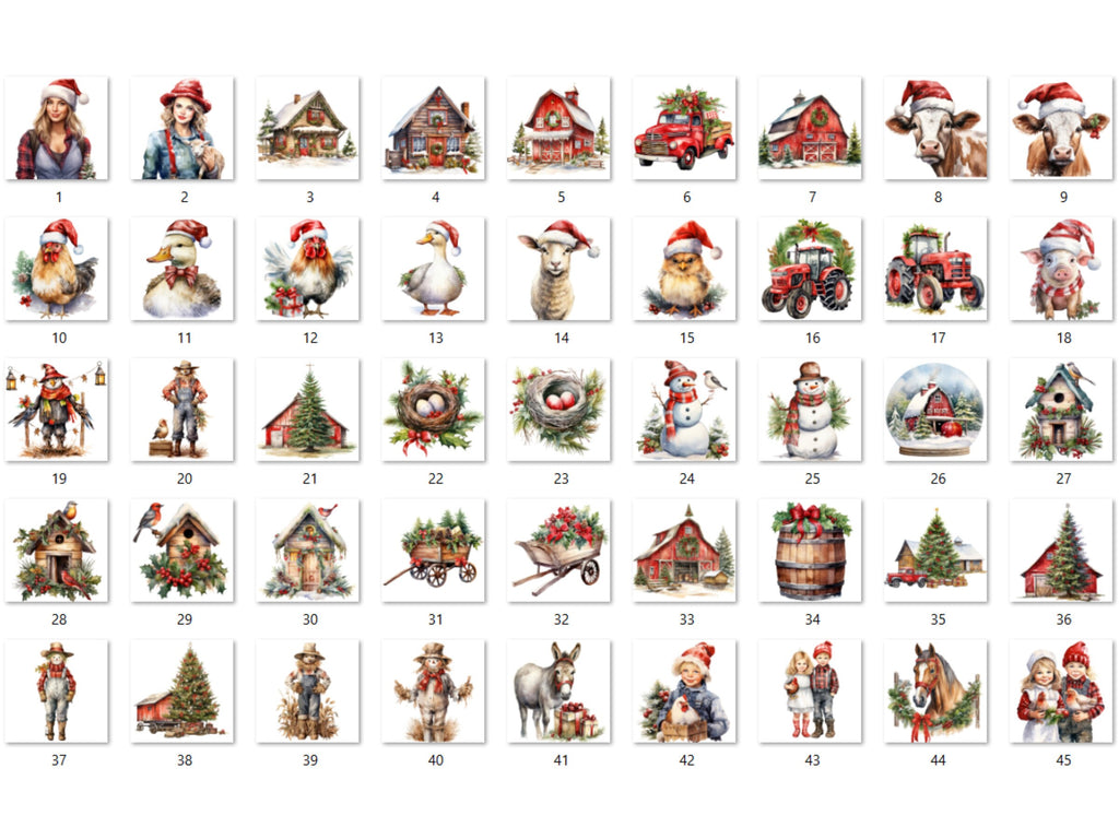 45 PNG Watercolour Farm Christmas Clipart, Christmas Cottage Farm Life Illustrations Clip art, Winter Holiday png, Xmas Noel Barn Ornaments