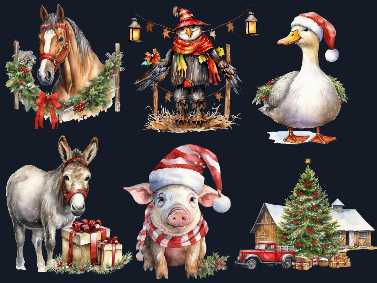 45 PNG Watercolour Farm Christmas Clipart, Christmas Cottage Farm Life Illustrations Clip art, Winter Holiday png, Xmas Noel Barn Ornaments