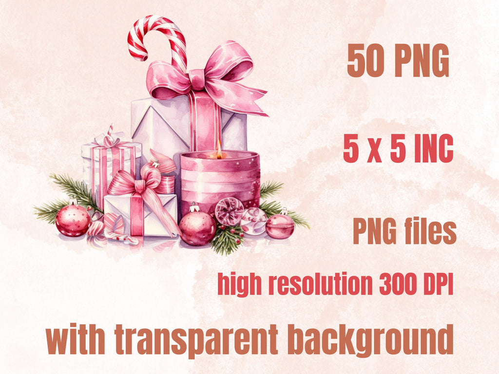 50 PNG Watercolour Pink Christmas Clipart, Pastel Christmas Pink Illustrations Clip art, Winter Holiday png, Pastel Xmas Noel Ornaments