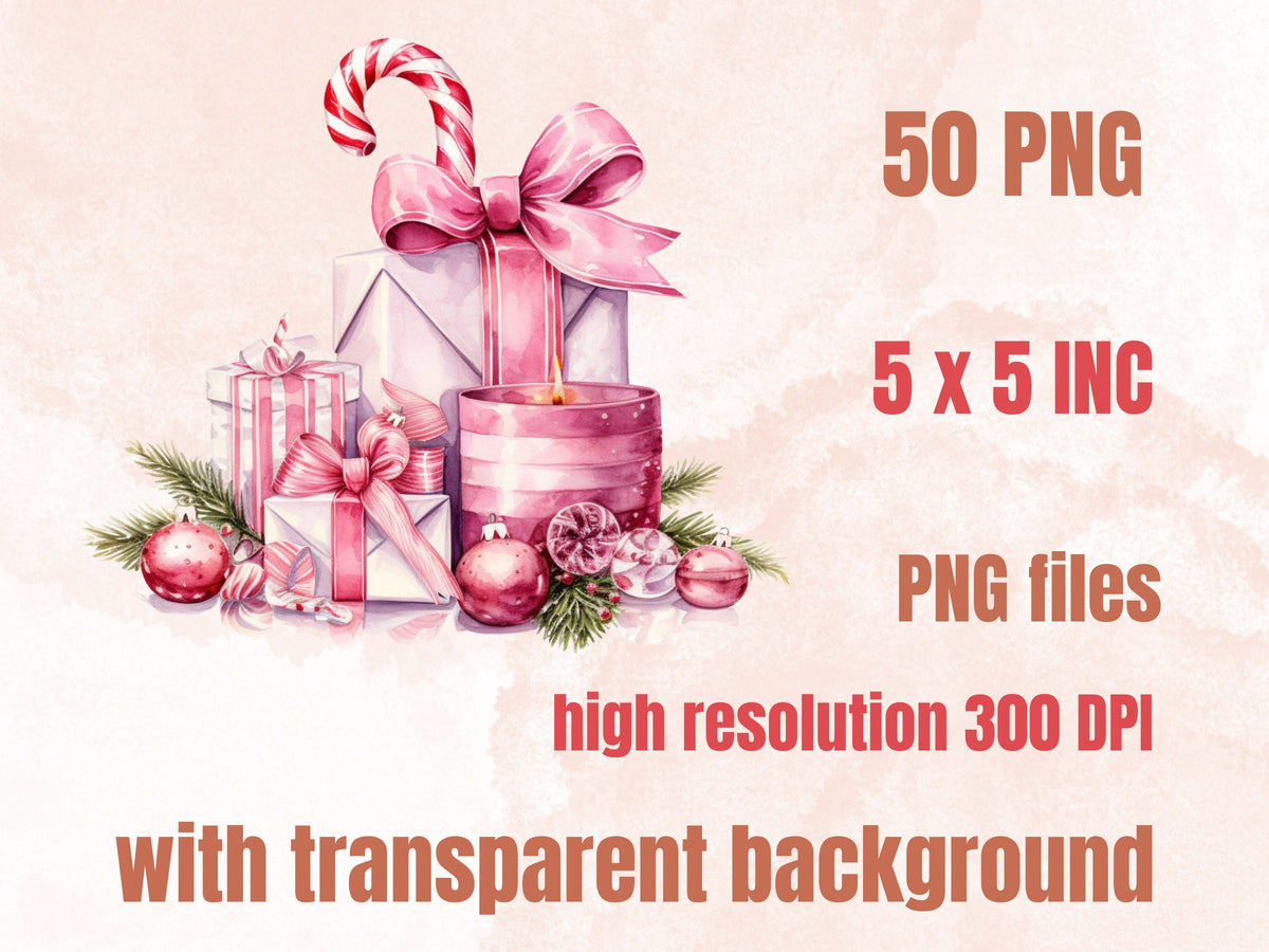 50 PNG Watercolour Pink Christmas Clipart, Pastel Christmas Pink Illustrations Clip art, Winter Holiday png, Pastel Xmas Noel Ornaments