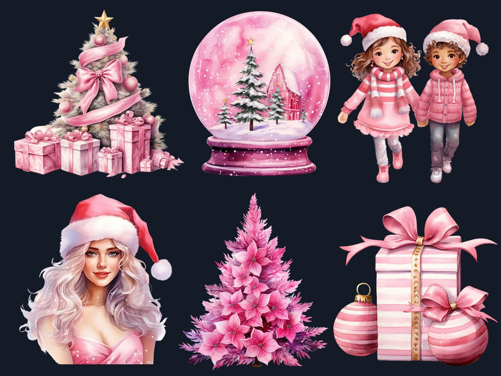50 PNG Watercolour Pink Christmas Clipart, Pastel Christmas Pink Illustrations Clip art, Winter Holiday png, Pastel Xmas Noel Ornaments