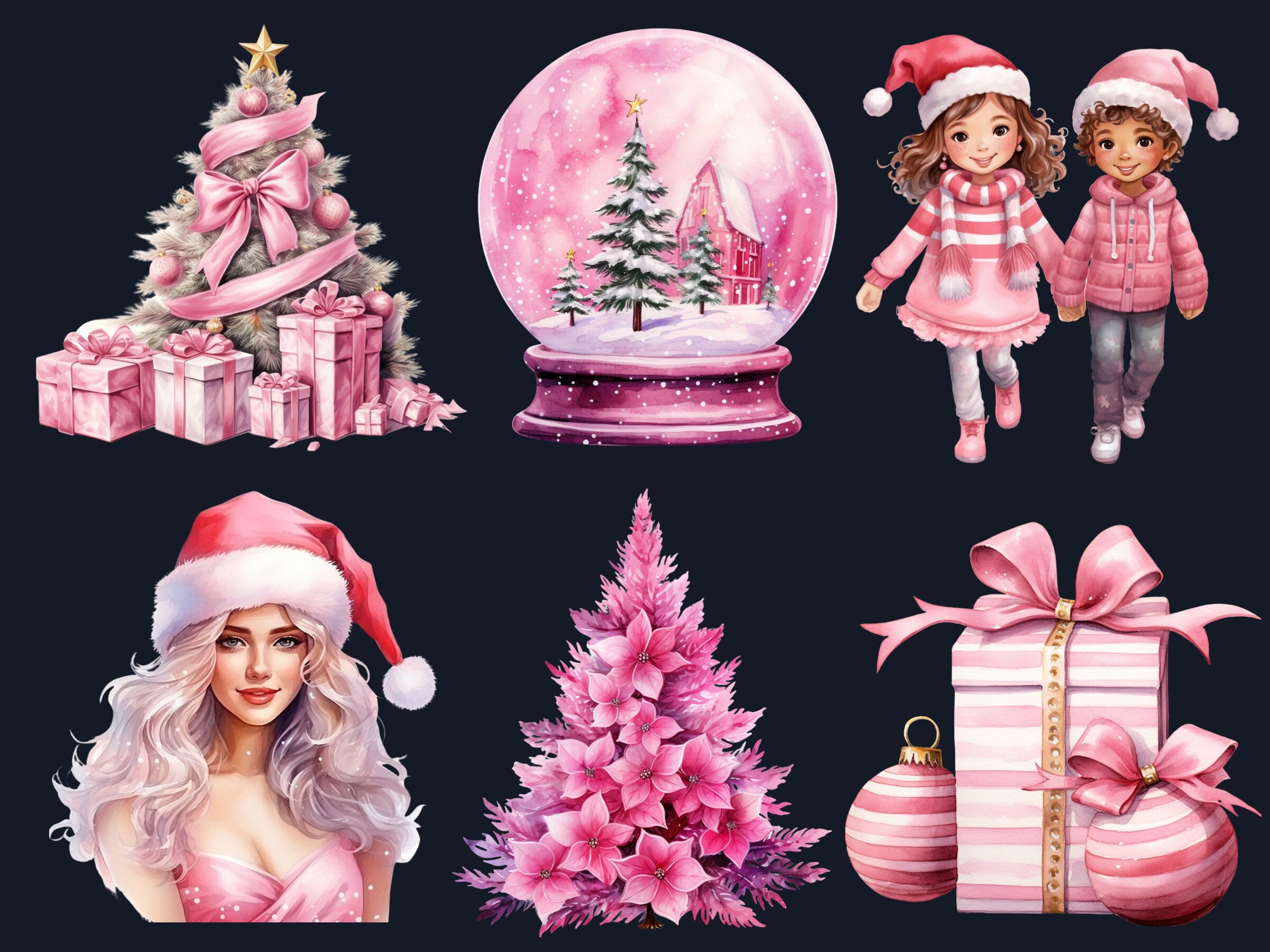 50 PNG Watercolour Pink Christmas Clipart, Pastel Christmas Pink Illustrations Clip art, Winter Holiday png, Pastel Xmas Noel Ornaments