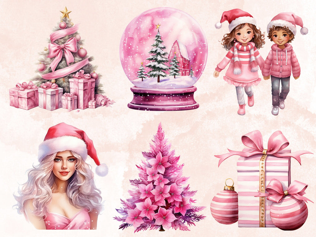 50 PNG Watercolour Pink Christmas Clipart, Pastel Christmas Pink Illustrations Clip art, Winter Holiday png, Pastel Xmas Noel Ornaments