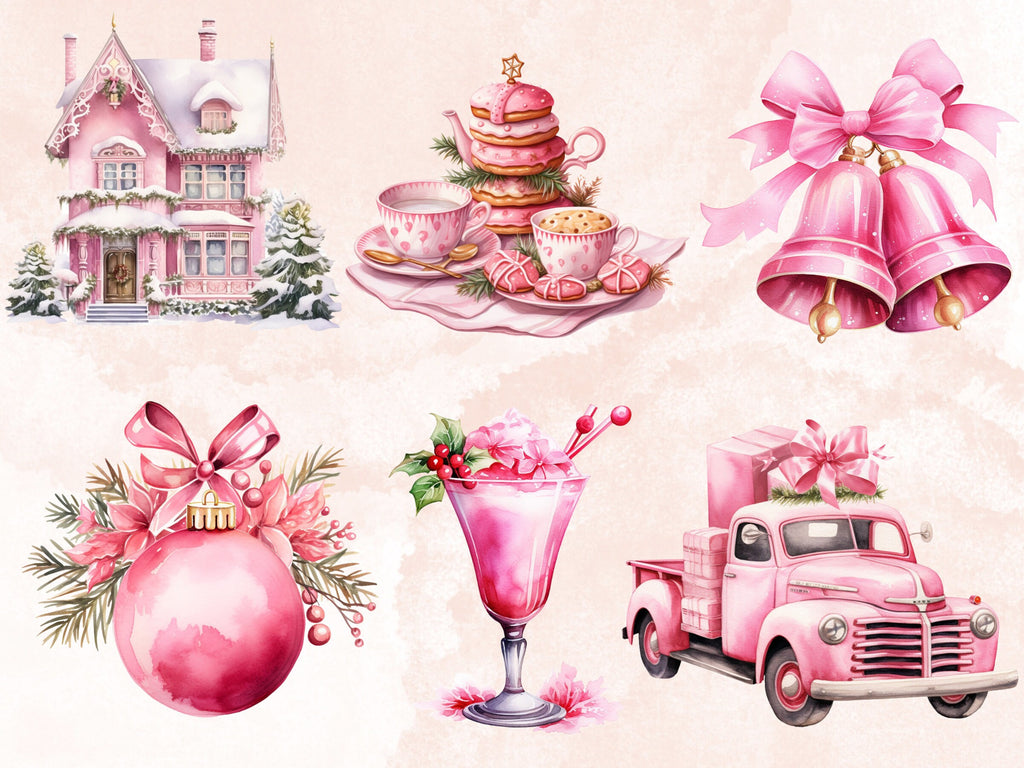 50 PNG Watercolour Pink Christmas Clipart, Pastel Christmas Pink Illustrations Clip art, Winter Holiday png, Pastel Xmas Noel Ornaments