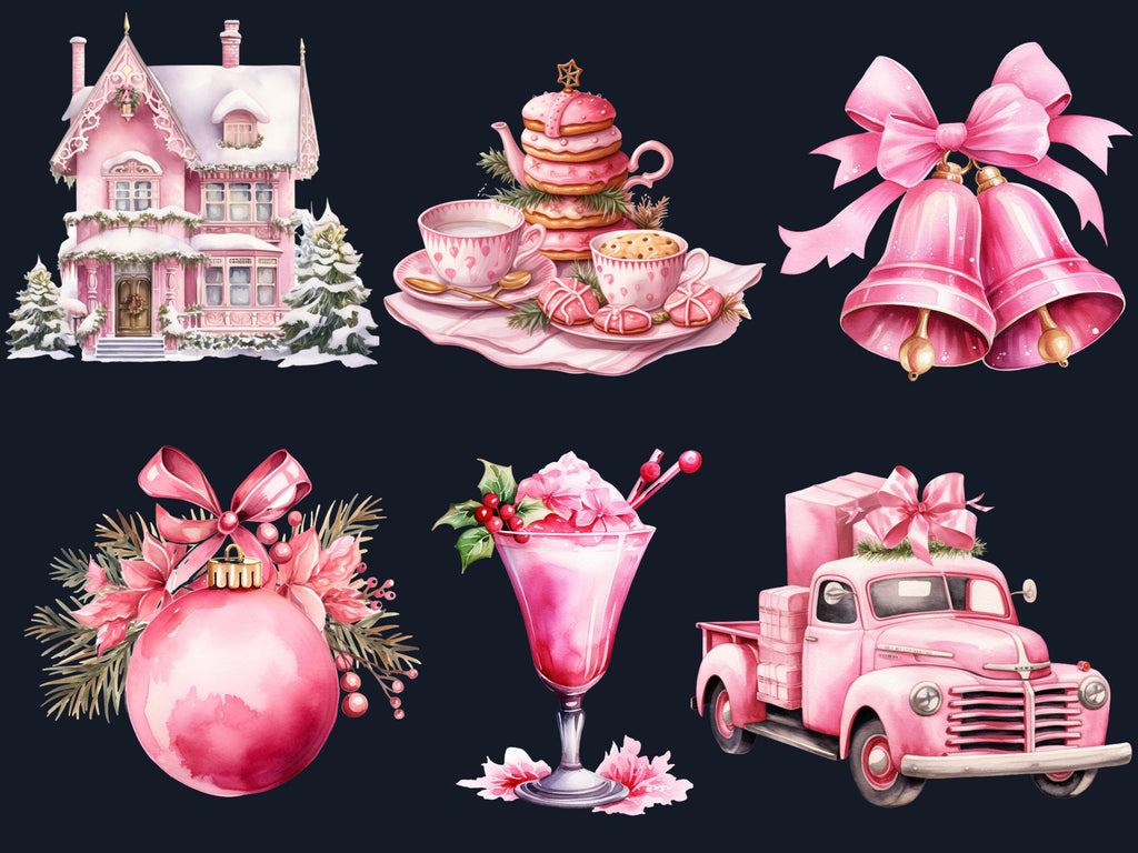 50 PNG Watercolour Pink Christmas Clipart, Pastel Christmas Pink Illustrations Clip art, Winter Holiday png, Pastel Xmas Noel Ornaments