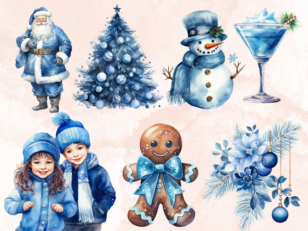 45 PNG Watercolour Blue Christmas Clipart, Pastel Christmas Blue Illustrations Clip art, Winter Holiday png, Pastel Xmas Noel Ornaments
