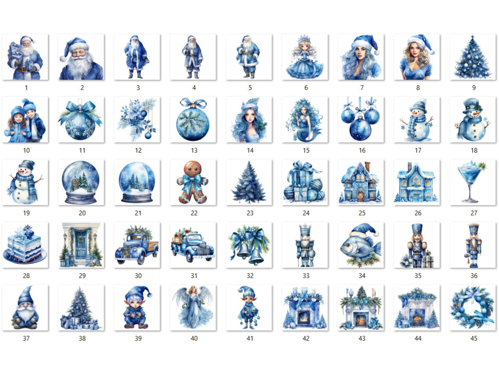 45 PNG Watercolour Blue Christmas Clipart, Pastel Christmas Blue Illustrations Clip art, Winter Holiday png, Pastel Xmas Noel Ornaments