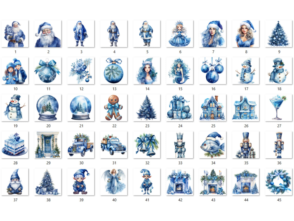 45 PNG Watercolour Blue Christmas Clipart, Pastel Christmas Blue Illustrations Clip art, Winter Holiday png, Pastel Xmas Noel Ornaments