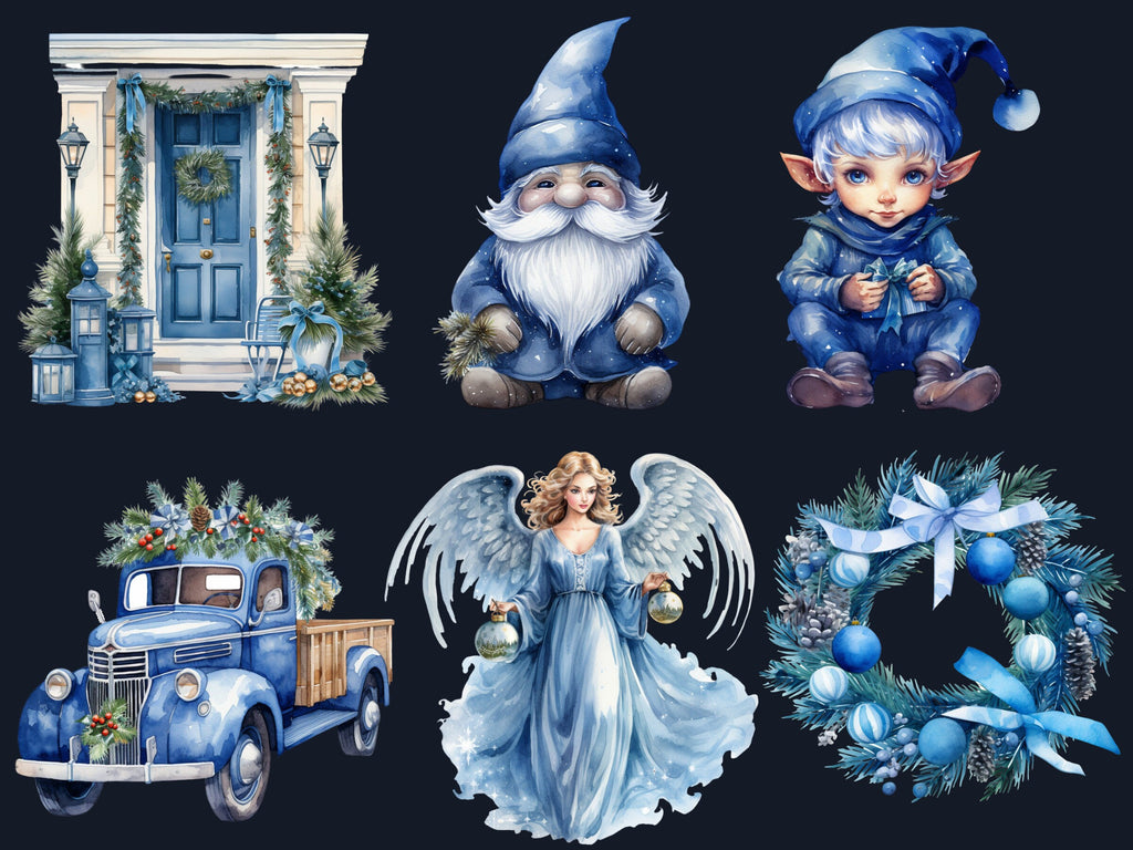 45 PNG Watercolour Blue Christmas Clipart, Pastel Christmas Blue Illustrations Clip art, Winter Holiday png, Pastel Xmas Noel Ornaments