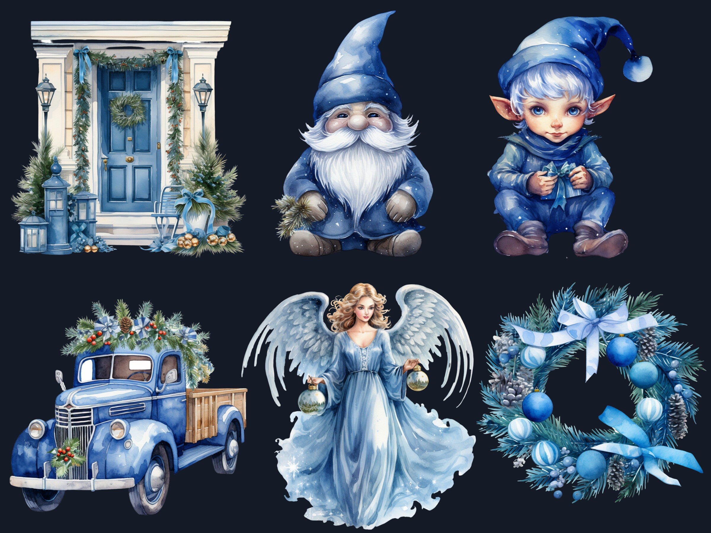 45 PNG Watercolour Blue Christmas Clipart, Pastel Christmas Blue Illustrations Clip art, Winter Holiday png, Pastel Xmas Noel Ornaments