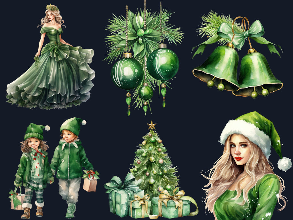 45 PNG Watercolour Green Christmas Clipart, Pastel Christmas Green Illustrations Clip art, Winter Holiday png, Pastel Xmas Noel Ornaments