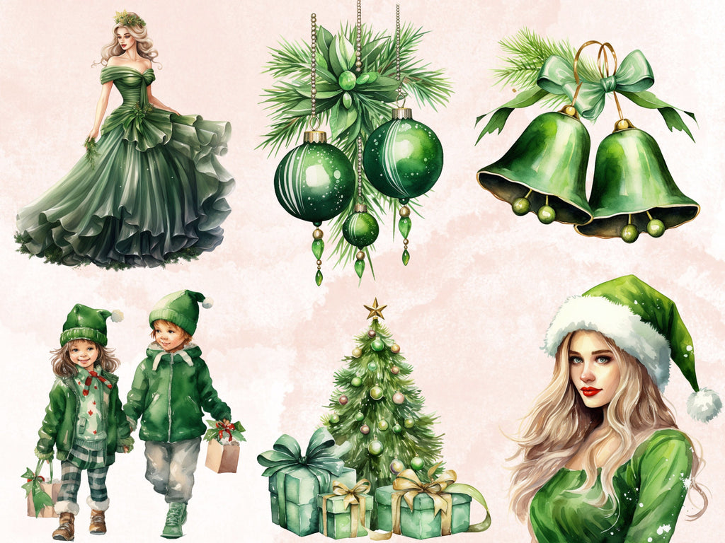 45 PNG Watercolour Green Christmas Clipart, Pastel Christmas Green Illustrations Clip art, Winter Holiday png, Pastel Xmas Noel Ornaments