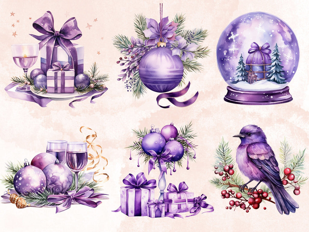 40 PNG Watercolour Purple Christmas Clipart, Pastel Christmas Lilac Illustrations Clip art, Winter Holiday png, Pastel Xmas Noel Ornaments