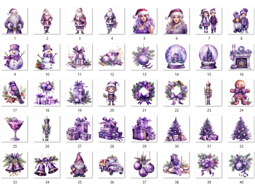 40 PNG Watercolour Purple Christmas Clipart, Pastel Christmas Lilac Illustrations Clip art, Winter Holiday png, Pastel Xmas Noel Ornaments