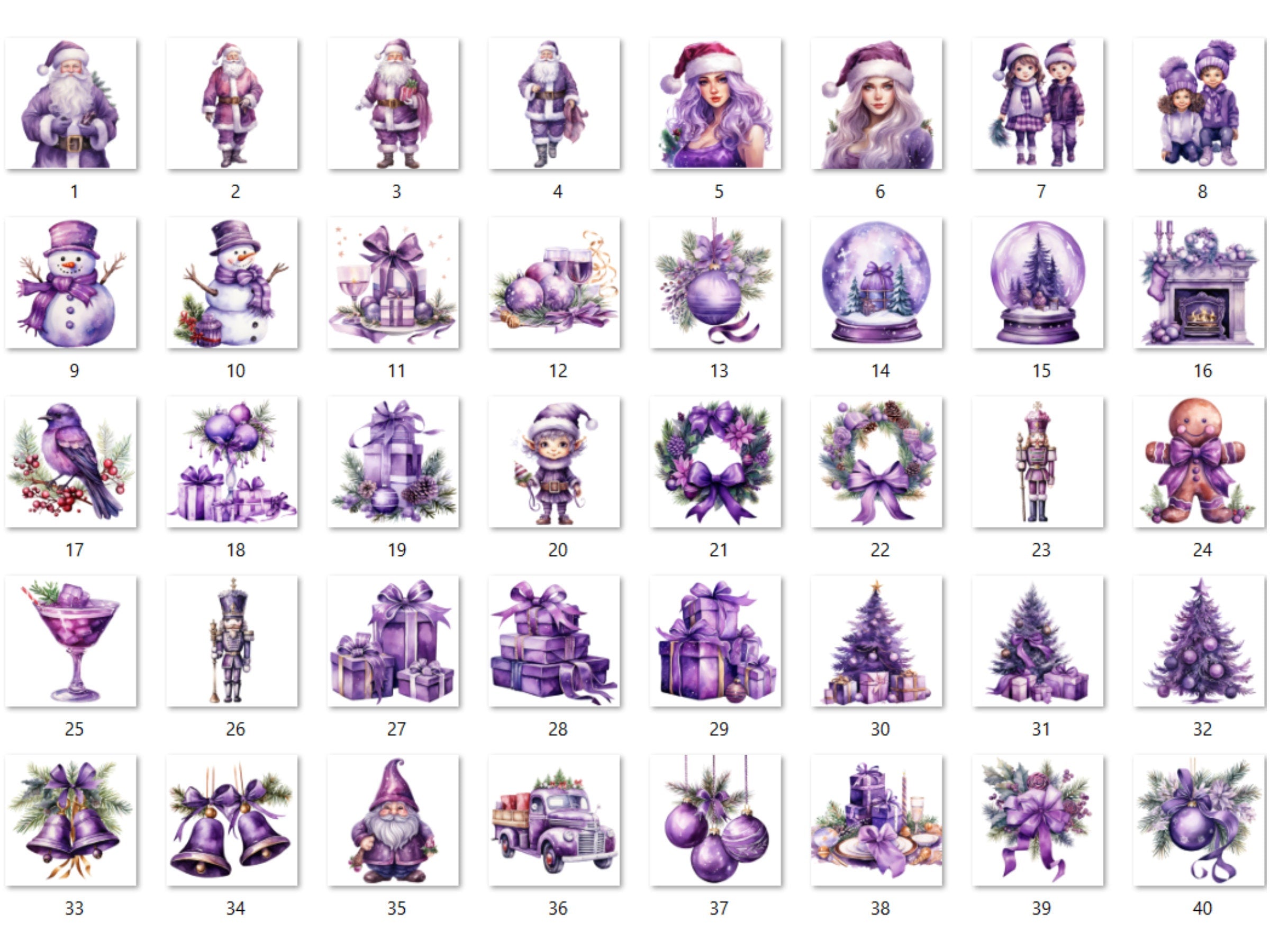 40 PNG Watercolour Purple Christmas Clipart, Pastel Christmas Lilac Illustrations Clip art, Winter Holiday png, Pastel Xmas Noel Ornaments