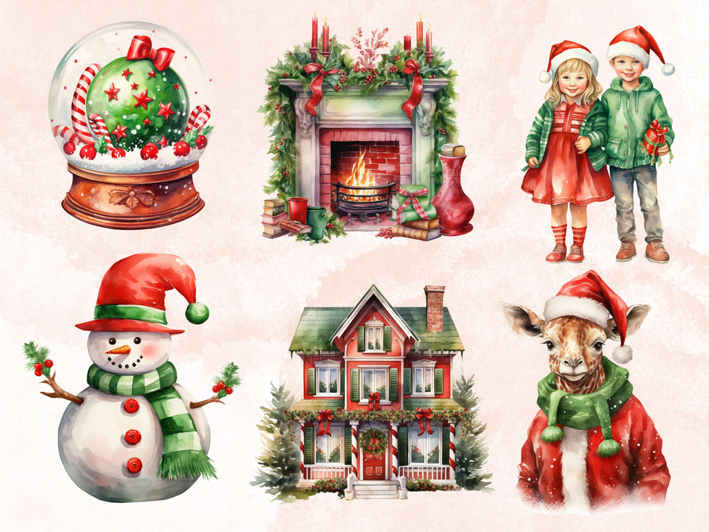 45 PNG Watercolour Red Green Christmas Clipart, Classic Christmas Illustration Clip art, Winter Holiday png, Traditional Xmas Noel Ornaments