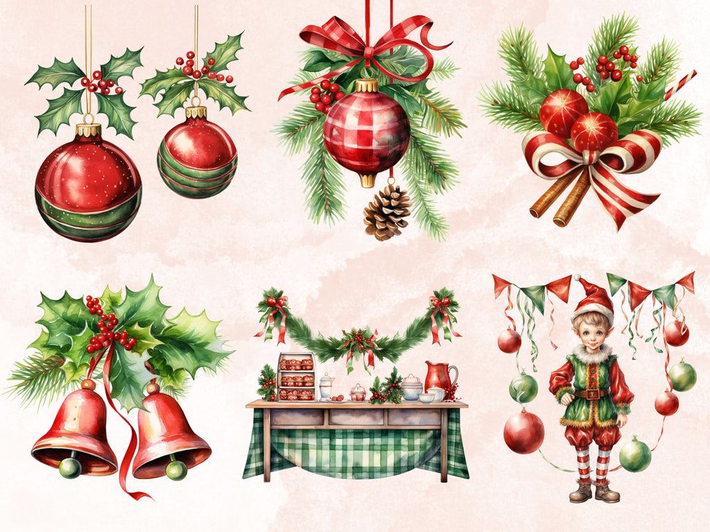 45 PNG Watercolour Red Green Christmas Clipart, Classic Christmas Illustration Clip art, Winter Holiday png, Traditional Xmas Noel Ornaments