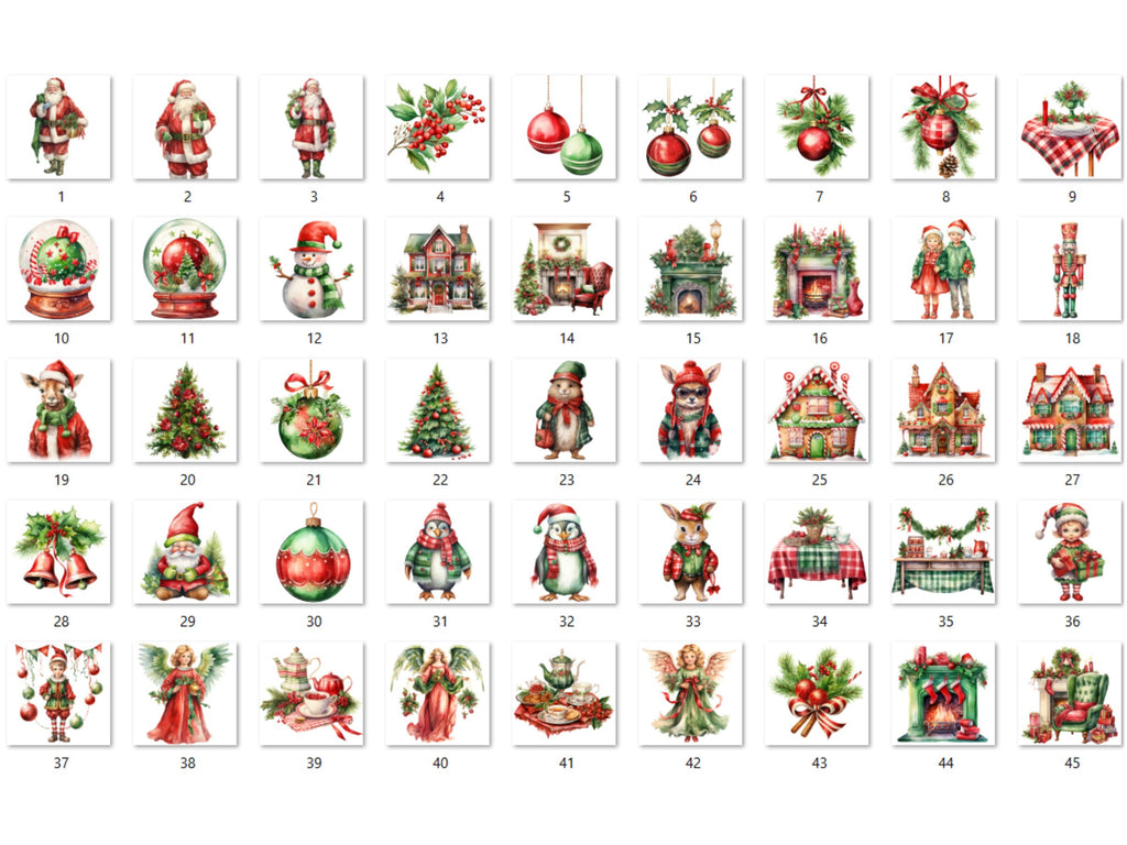 45 PNG Watercolour Red Green Christmas Clipart, Classic Christmas Illustration Clip art, Winter Holiday png, Traditional Xmas Noel Ornaments