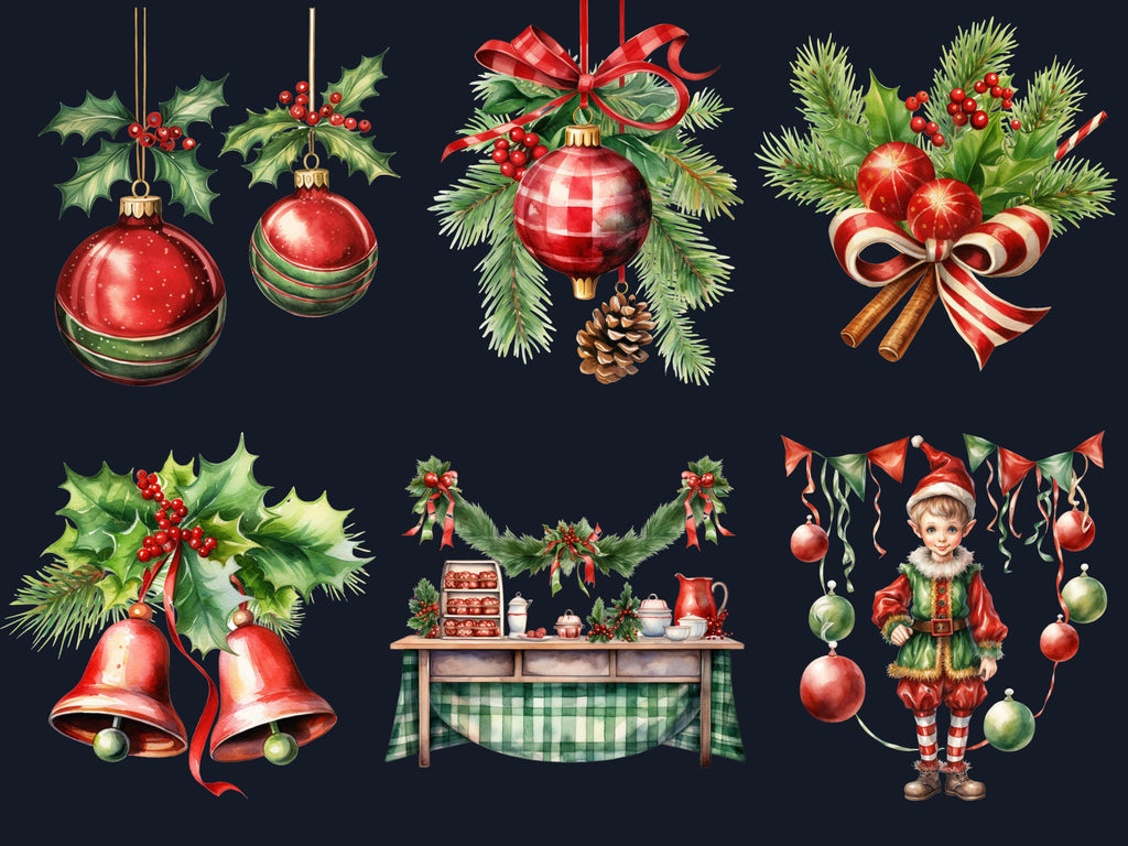 45 PNG Watercolour Red Green Christmas Clipart, Classic Christmas Illustration Clip art, Winter Holiday png, Traditional Xmas Noel Ornaments