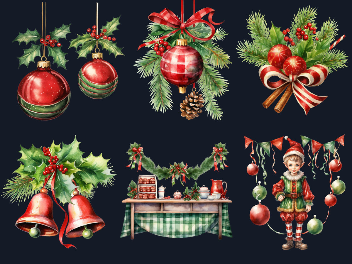 45 PNG Watercolour Red Green Christmas Clipart, Classic Christmas Illustration Clip art, Winter Holiday png, Traditional Xmas Noel Ornaments