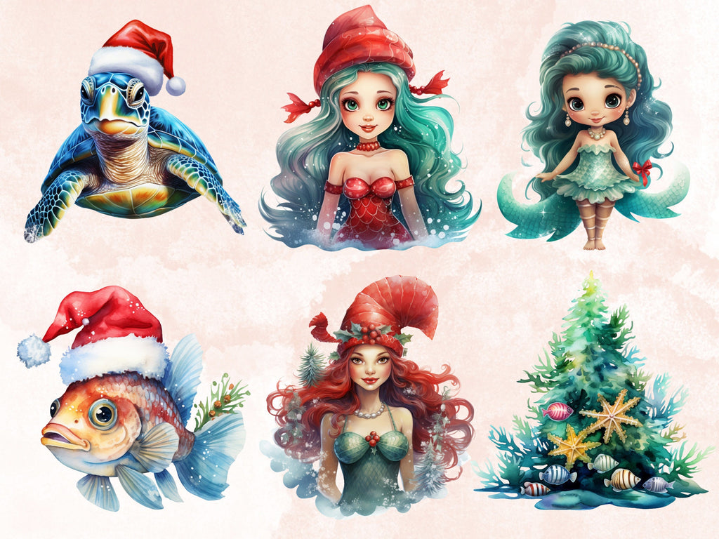 40 PNG Watercolour Christmas Mermaid Clipart, Christmas Underwater Illustrations Clip art, Winter png, Under the Sea Xmas Noel Ornaments