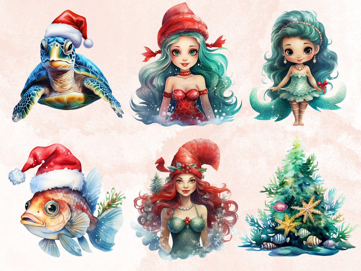 40 PNG Watercolour Christmas Mermaid Clipart, Christmas Underwater Illustrations Clip art, Winter png, Under the Sea Xmas Noel Ornaments