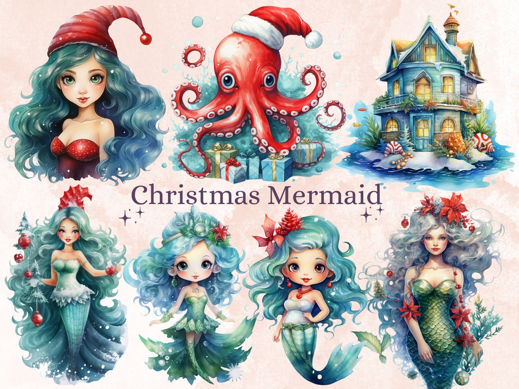 40 PNG Watercolour Christmas Mermaid Clipart, Christmas Underwater Illustrations Clip art, Winter png, Under the Sea Xmas Noel Ornaments