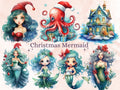 40 PNG Watercolour Christmas Mermaid Clipart, Christmas Underwater Illustrations Clip art, Winter png, Under the Sea Xmas Noel Ornaments