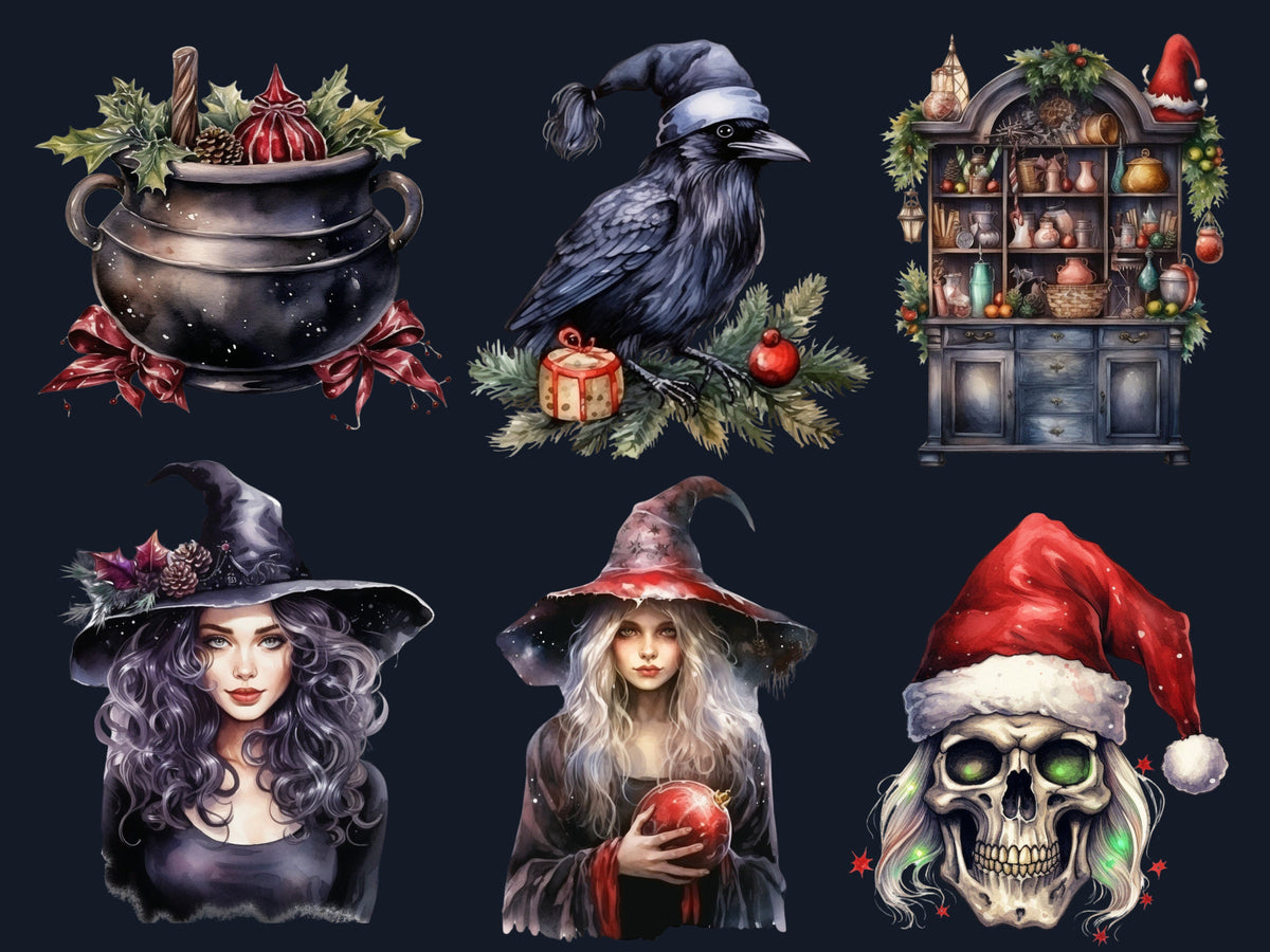 38 PNG Watercolour Christmas Witch Clipart, Gothic Christmas Illustrations Clip art, Winter png, Witchcraft Xmas Noel Ornaments