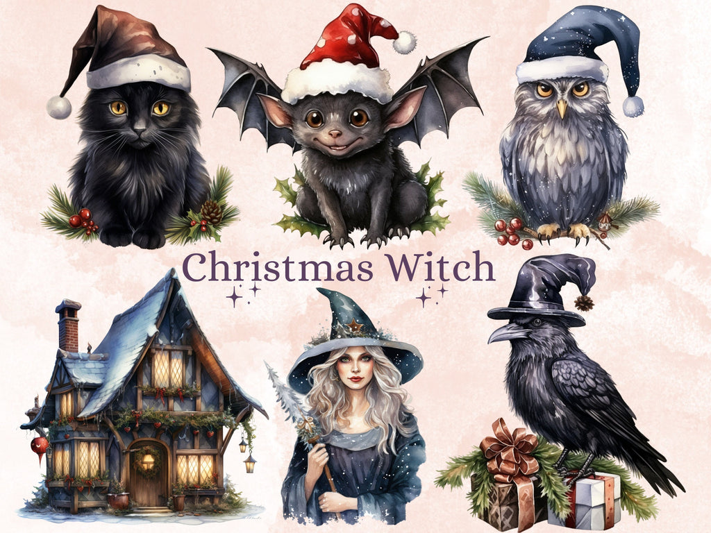 38 PNG Watercolour Christmas Witch Clipart, Gothic Christmas Illustrations Clip art, Winter png, Witchcraft Xmas Noel Ornaments