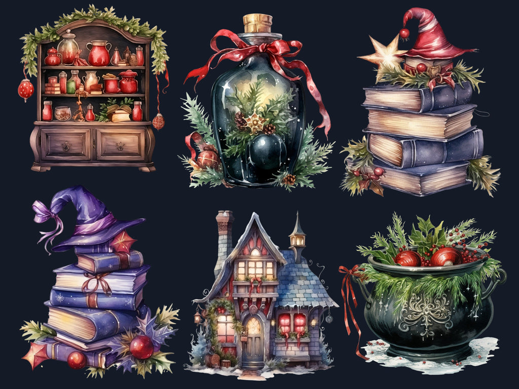 38 PNG Watercolour Christmas Witch Clipart, Gothic Christmas Illustrations Clip art, Winter png, Witchcraft Xmas Noel Ornaments