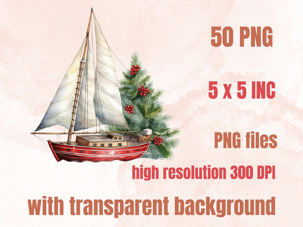 50 PNG Watercolour Nautical Christmas Clipart, Ocean Sea Christmas Illustrations Clip art, Winter png, Marine Sailing Xmas Noel Ornaments
