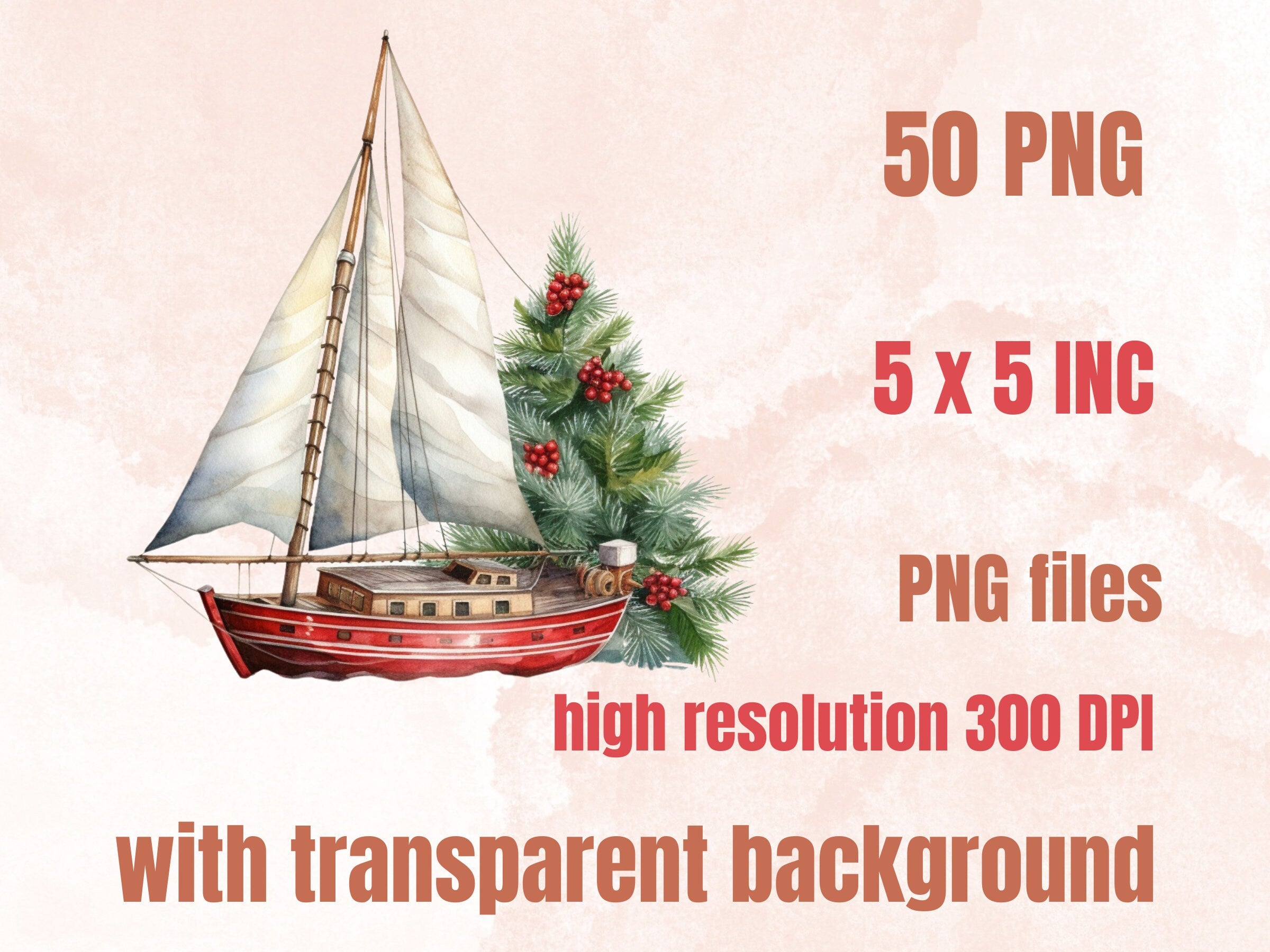 50 PNG Watercolour Nautical Christmas Clipart, Ocean Sea Christmas Illustrations Clip art, Winter png, Marine Sailing Xmas Noel Ornaments