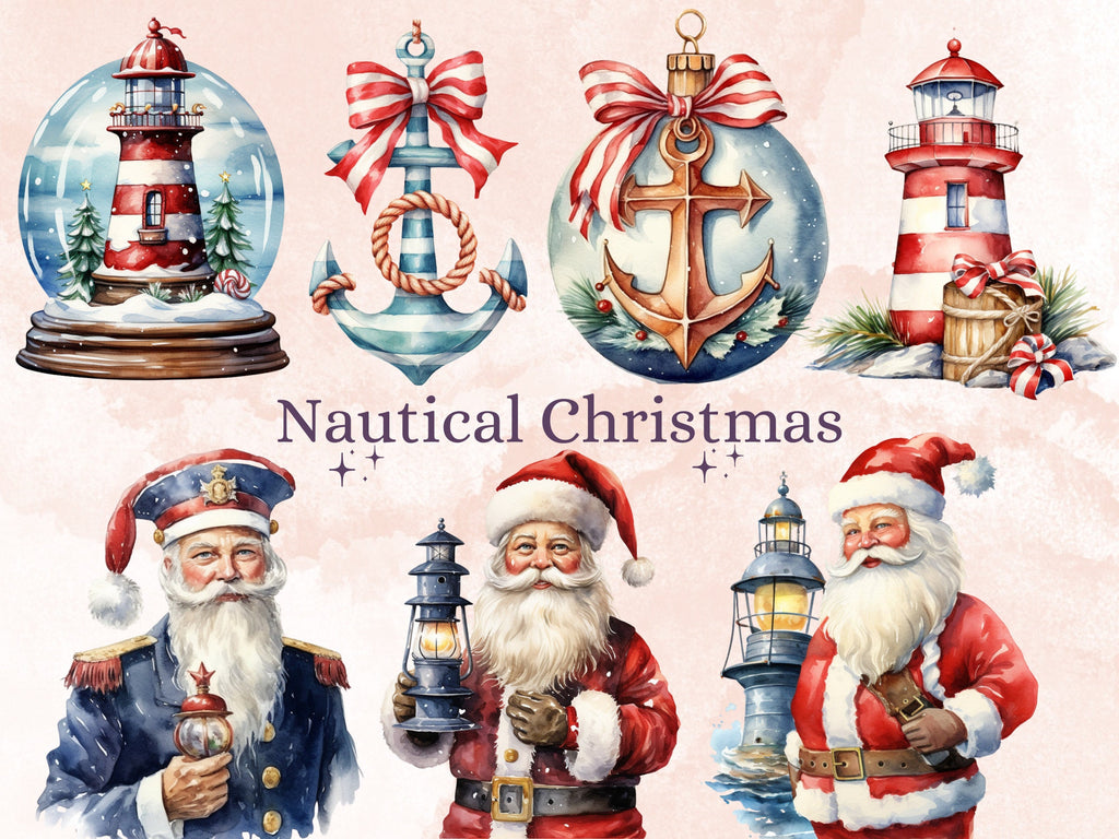 50 PNG Watercolour Nautical Christmas Clipart, Ocean Sea Christmas Illustrations Clip art, Winter png, Marine Sailing Xmas Noel Ornaments