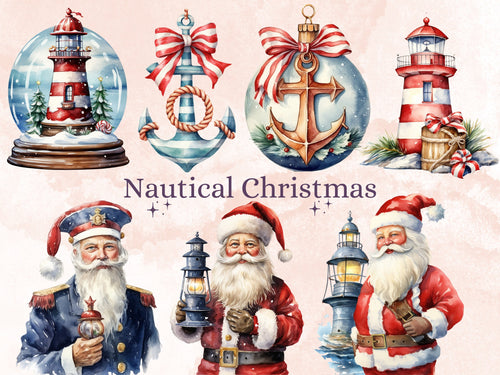 50 PNG Watercolour Nautical Christmas Clipart, Ocean Sea Christmas Illustrations Clip art, Winter png, Marine Sailing Xmas Noel Ornaments
