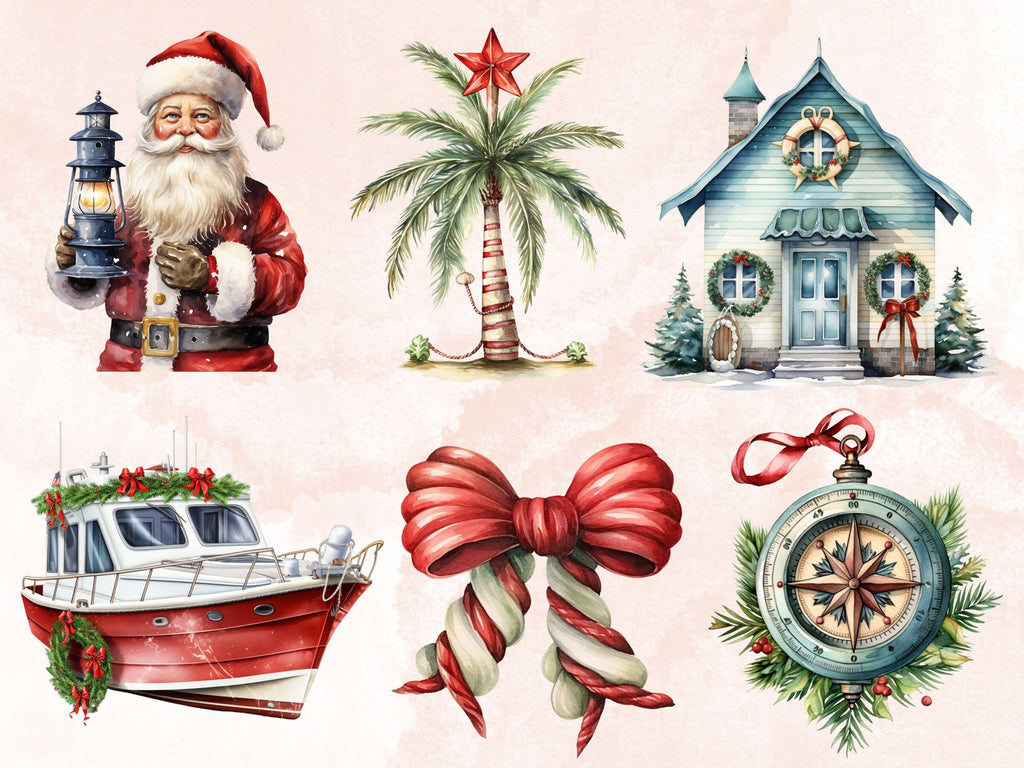 50 PNG Watercolour Nautical Christmas Clipart, Ocean Sea Christmas Illustrations Clip art, Winter png, Marine Sailing Xmas Noel Ornaments