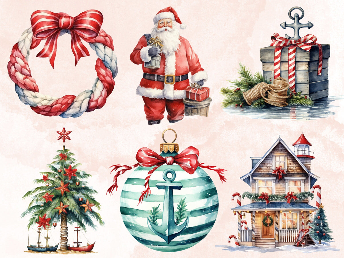 50 PNG Watercolour Nautical Christmas Clipart, Ocean Sea Christmas Illustrations Clip art, Winter png, Marine Sailing Xmas Noel Ornaments