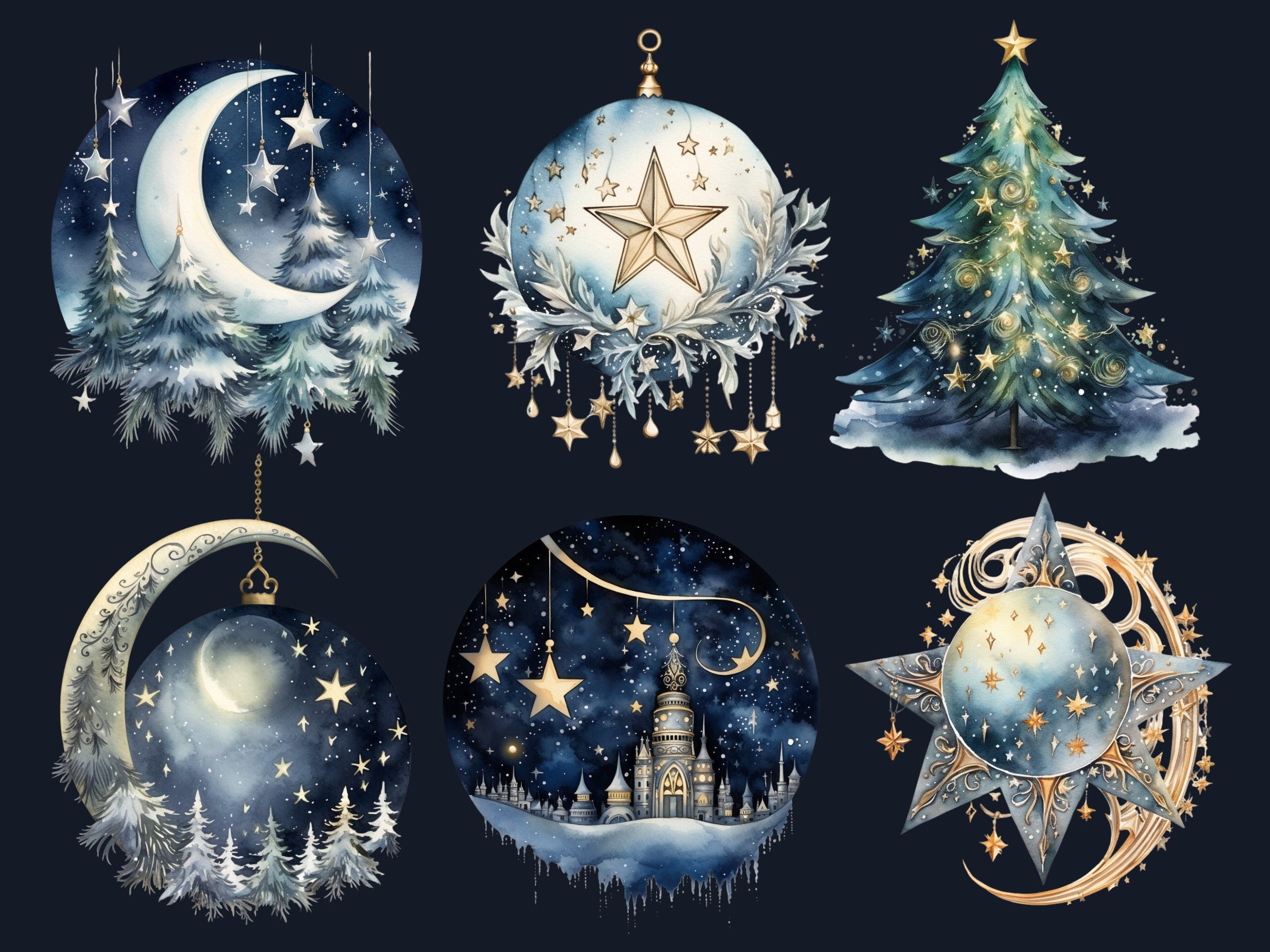 50 PNG Watercolour Celestial Christmas Clipart, Fantasy Christmas Sky Illustrations Clip art, Winter png, Starry Night Xmas Noel Ornaments