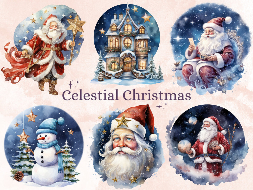 50 PNG Watercolour Celestial Christmas Clipart, Fantasy Christmas Sky Illustrations Clip art, Winter png, Starry Night Xmas Noel Ornaments