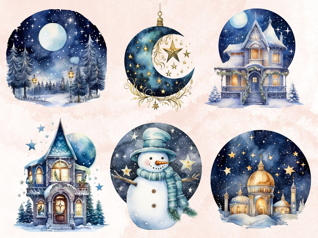 50 PNG Watercolour Celestial Christmas Clipart, Fantasy Christmas Sky Illustrations Clip art, Winter png, Starry Night Xmas Noel Ornaments