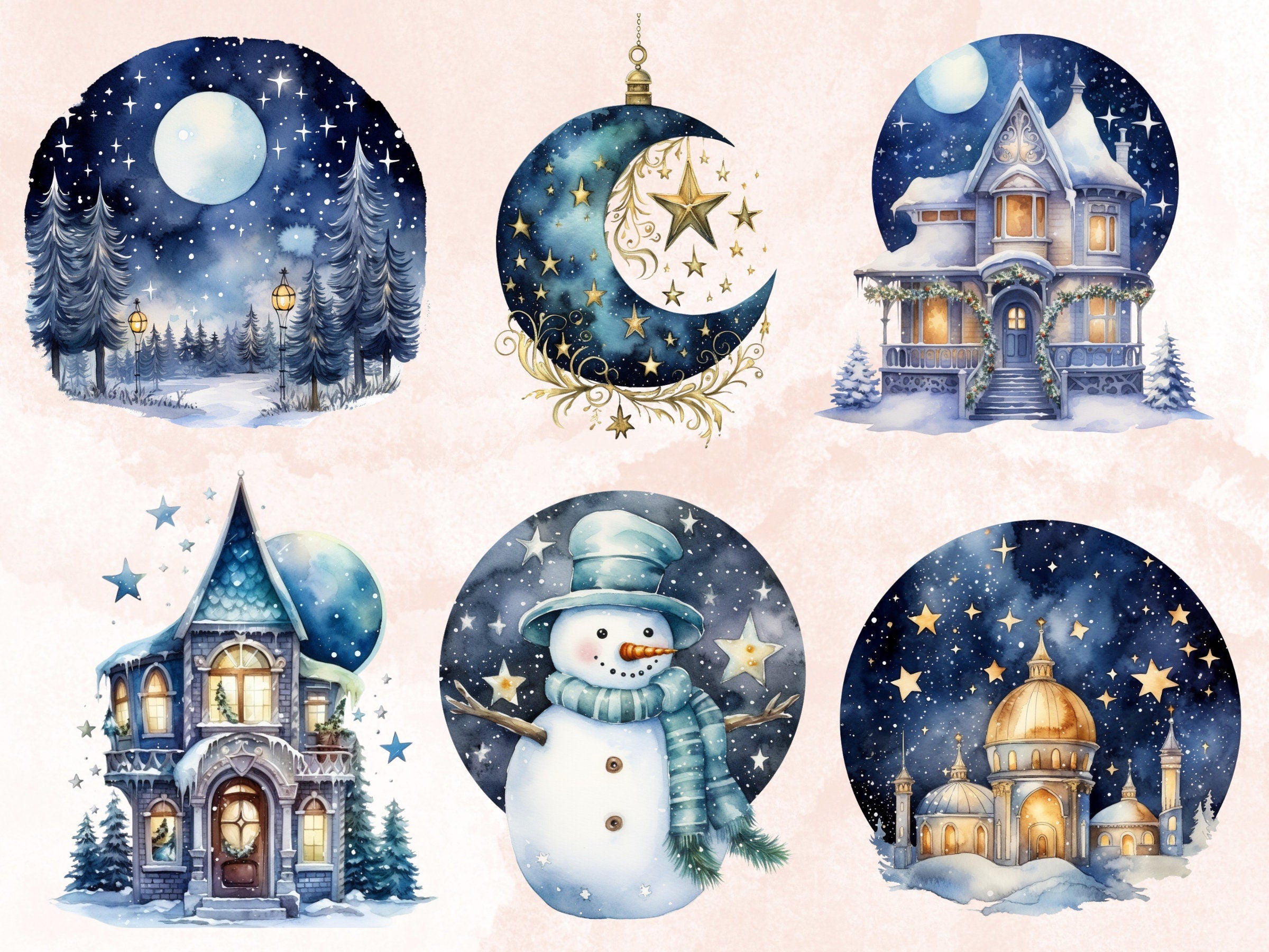 50 PNG Watercolour Celestial Christmas Clipart, Fantasy Christmas Sky Illustrations Clip art, Winter png, Starry Night Xmas Noel Ornaments