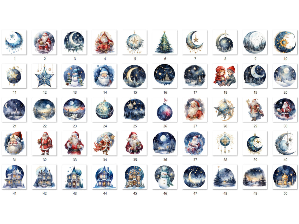 50 PNG Watercolour Celestial Christmas Clipart, Fantasy Christmas Sky Illustrations Clip art, Winter png, Starry Night Xmas Noel Ornaments