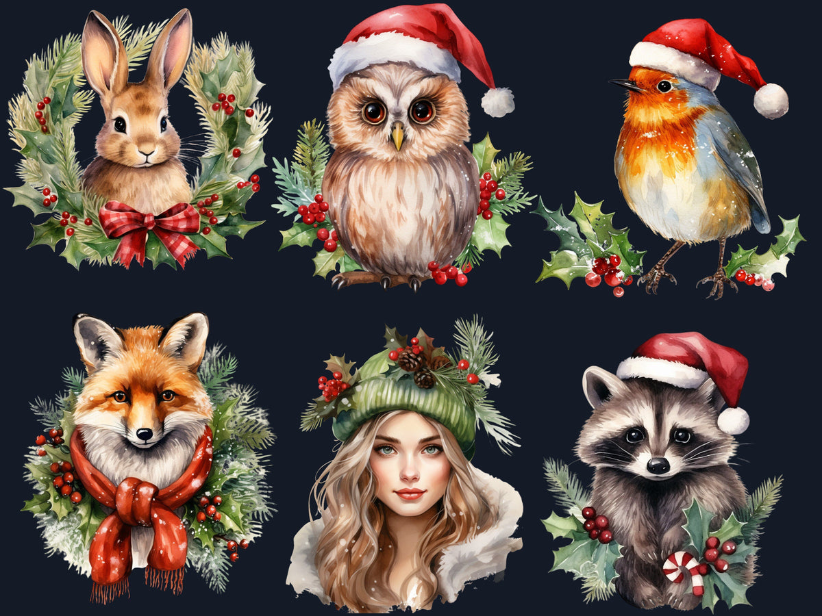 42 PNG Watercolour Christmas Woodland Clipart, Christmas Forest Illustrations Clip art, Winter Woodland Animals png, Xmas Noel Ornaments