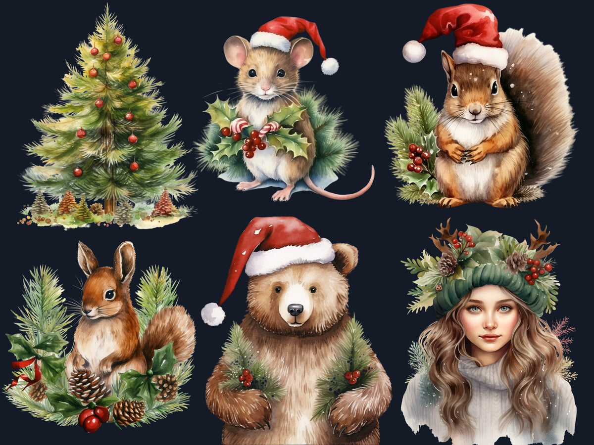 42 PNG Watercolour Christmas Woodland Clipart, Christmas Forest Illustrations Clip art, Winter Woodland Animals png, Xmas Noel Ornaments