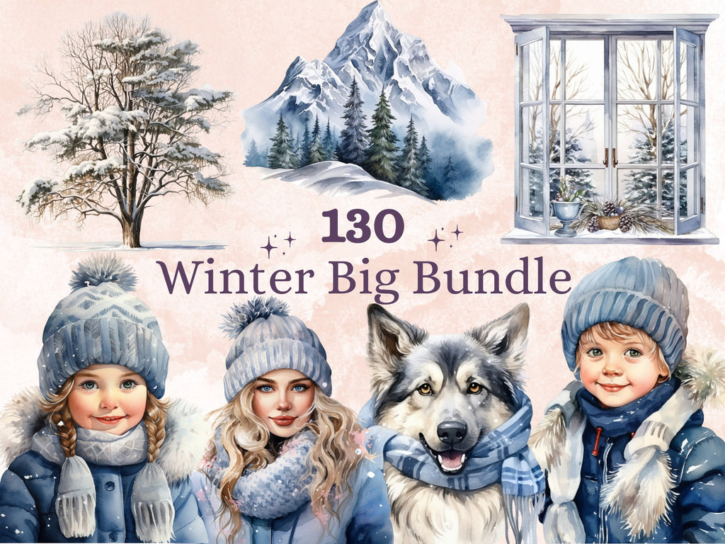 130 PNG Watercolor Winter Big Bundle Clipart, Snowy Forest Landscape Illustrations Clip art, Cozy Winter Wonderland Scenes Png Sublimation