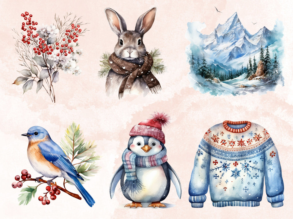 130 PNG Watercolor Winter Big Bundle Clipart, Snowy Forest Landscape Illustrations Clip art, Cozy Winter Wonderland Scenes Png Sublimation