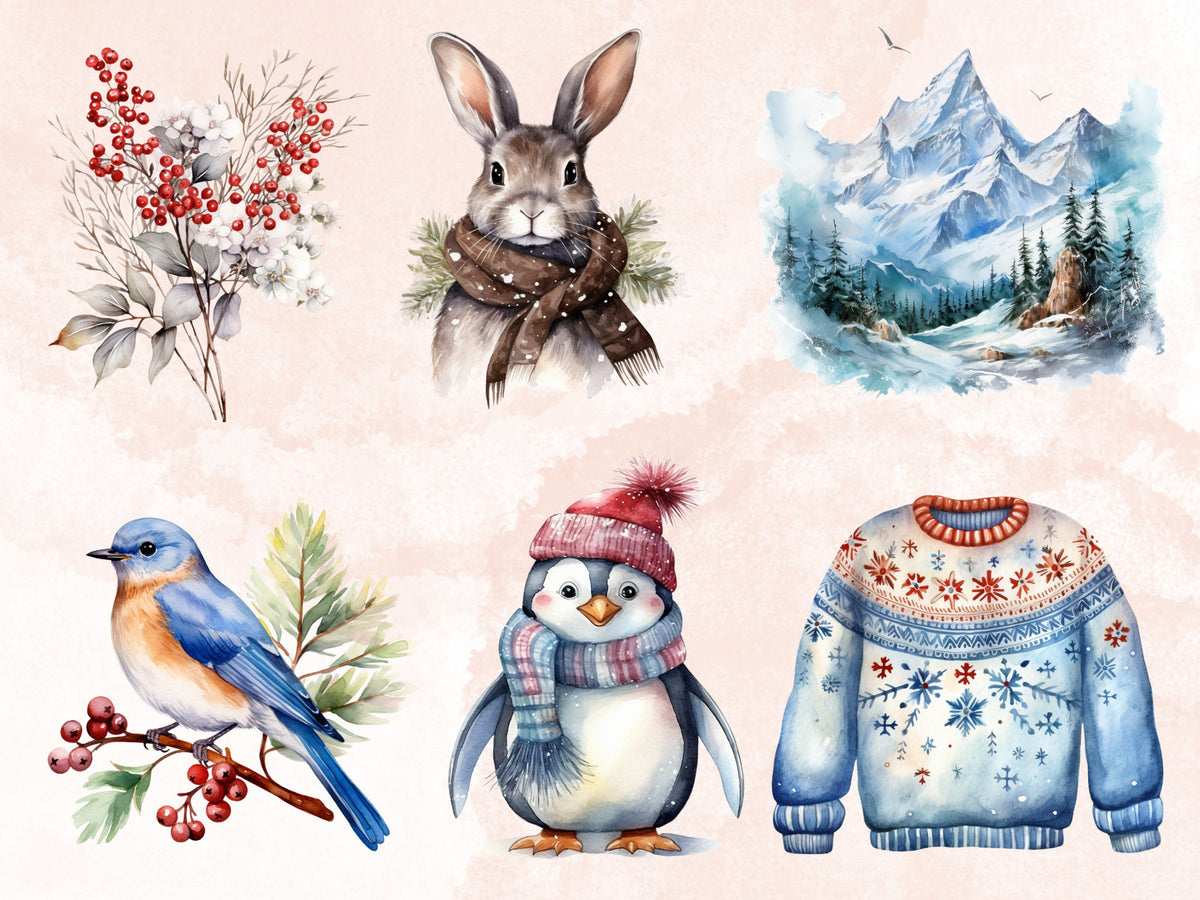 130 PNG Watercolor Winter Big Bundle Clipart, Snowy Forest Landscape Illustrations Clip art, Cozy Winter Wonderland Scenes Png Sublimation