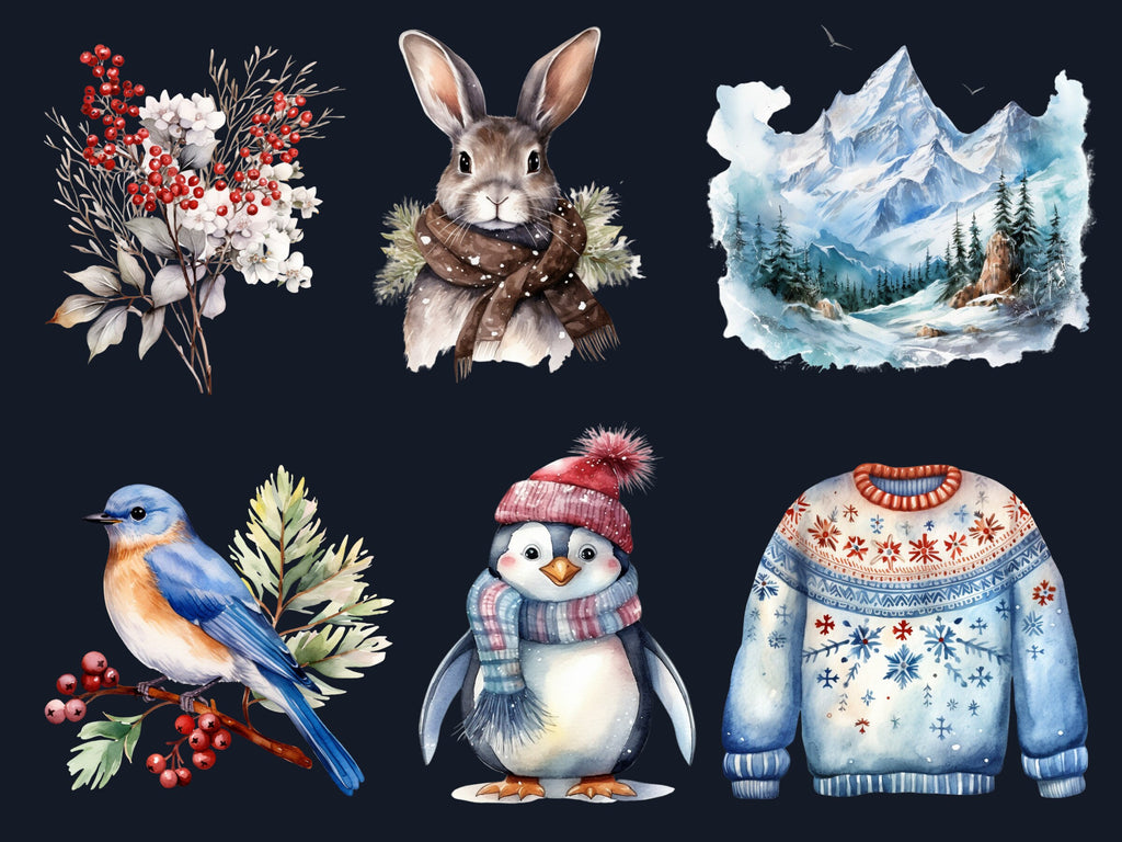 130 PNG Watercolor Winter Big Bundle Clipart, Snowy Forest Landscape Illustrations Clip art, Cozy Winter Wonderland Scenes Png Sublimation
